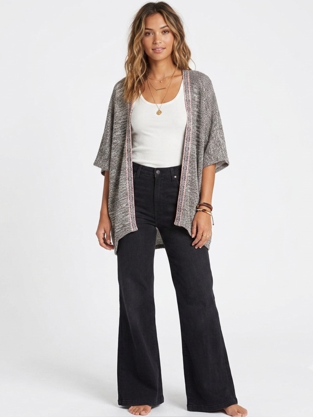 Bobeau Black and White Textured Embroidered Open Cardigan Sweater Kimono